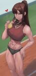  1girl abs blue_eyes brown_hair gold hand_on_own_hip heart heart-shaped_pupils highres long_hair medal muscular muscular_female original ponytail running_track shine solo soolee040995 sweat symbol-shaped_pupils tan tank_top toned tongue tongue_out 