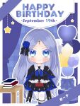  1girl benghuai_xueyuan blue_eyes book chibi english_text flower hair_flower hair_ornament happy_birthday highres holding honkai_(series) jyahnar_(benghuai_xueyuan) official_art smile tagme 