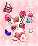  ? animal_focus argyle argyle_background artist_name berry bird commentary_request eggplant hanabusaoekaki heart highres mountain no_humans pink_background pokemon pokemon_(creature) red_sun sitting solid_oval_eyes spinda starly thought_bubble 