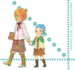  2boys blonde_hair blue_eyes blue_hair blush book boots bow bowtie brown_bow brown_bowtie brown_footwear brown_shorts closed_mouth commentary_request dated frilled_sleeves frills frown full_body glasses green_eyes green_shirt happy_birthday holding holding_book holding_hands hubert_ozwell kanon_(rsl) looking_at_viewer male_focus multiple_boys pince-nez rectangular_eyewear richard_(tales) shirt short_bangs short_hair shorts tales_of_(series) tales_of_graces walking white_background white_shirt 