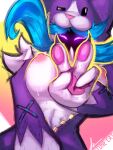  absurd_res anthro blue_hair bovid breasts caprine clothed clothing female fur hair hi_res kindred_(lol) lamb_(lol) league_of_legends lune_cat mammal nipples pink_eyes riot_games sheep solo white_body white_fur woof_and_the_lamb_kindred 