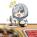  ^^^ blue_eyes bowl chibi chopsticks commentary_request cooking food grey_hair grey_sailor_collar grill grilling hair_ornament hair_over_one_eye hairclip hama!_(3toshinhmkz) hamakaze_(kancolle) holding holding_chopsticks kantai_collection meat neckerchief no_nose pleated_skirt rice rice_bowl sailor_collar school_uniform serafuku short_hair simple_background skirt smile table upper_body white_background yakiniku yellow_neckerchief 