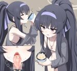  1girl bags_under_eyes bikini black_bikini black_hair blue_archive blush breasts closed_eyes collarbone commentary crossed_bangs cum_in_container cum_in_cup cup donutman drinking gokkun grey_background grey_jacket hair_between_eyes hair_ribbon hairband halo highres holding holding_cup jacket jewelry long_hair long_sleeves multiple_views navel off_shoulder official_alternate_costume open_mouth pendant ponytail purple_eyes purple_hairband purple_ribbon ribbon sidelocks simple_background small_breasts stray_pubic_hair swimsuit tongue tongue_out ui_(blue_archive) ui_(swimsuit)_(blue_archive) yellow_halo 