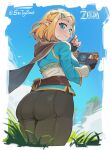  1girl ass ass_focus blonde_hair blush braid breasts cape clothes crown_braid green_eyes hair_ornament hairclip highres hood hooded_cape huge_ass medium_breasts outdoors pants parted_bangs pointy_ears princess_zelda short_hair sidelocks sin_(sintrybest) skin_tight solo sweatdrop the_legend_of_zelda the_legend_of_zelda:_tears_of_the_kingdom thick_thighs thighs tight_clothes tight_pants 