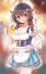  1girl alcohol alternate_costume apron artist_name beer beer_mug black_hair blue_skirt bodice breasts cleavage cup dated dirndl german_clothes hair_flaps highres jingei_(kancolle) kantai_collection kirisawa_juuzou large_breasts long_hair low_twintails mug red_eyes shirt skirt solo twintails waist_apron waitress white_shirt 