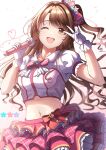  1girl absurdres brown_eyes brown_hair citrusmikan frilled_shirt frills gloves heart highres idolmaster idolmaster_cinderella_girls idolmaster_cinderella_girls_starlight_stage long_hair looking_at_viewer microphone navel one_eye_closed open_mouth ribbon shimamura_uzuki shirt smile solo v white_gloves 