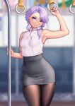  1girl absurdres armpits blurry blurry_background breasts brown_pantyhose closed_mouth depth_of_field earrings grey_skirt high-waist_skirt highres jewelry looking_at_viewer nicchi office_lady pantyhose pencil_skirt purple_eyes purple_hair shirt short_hair skirt sleeveless sleeveless_shirt small_breasts smile solo voiceroid white_shirt yuzuki_yukari 