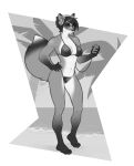  abs anthro bikini bronx23 canid canine clothing eyewear female fox greyscale headphones hi_res mammal monochrome muscular muscular_female rosaline_(bronx23) skiba613 solo sunglasses swimwear 