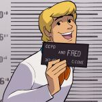  1boy ascot barbie_mugshot_(meme) beth_turnsek blonde_hair card character_name english_text fred_jones height_chart height_mark holding holding_card holding_sign looking_at_viewer male_focus meme mugshot orange_hair scooby-doo short_hair sign solo teeth turtleneck upper_teeth_only 