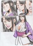  1girl absurdres ace_attorney aya_yanagisawa black_eyes black_hair breasts cleavage closed_eyes coat collaboration collarbone colored_pencil_(medium) commission english_commentary eyeshadow floating_hair hair_behind_ear half_updo highres japanese_clothes kimono large_breasts long_hair looking_at_viewer low-tied_long_hair makeup maya_fey mia_fey mixed_media mole mole_under_mouth obi parted_lips pink_lips purple_coat purple_eyeshadow sash second-party_source sidelocks smile traditional_media transformation very_long_hair white_kimono yukiko-sakurey 