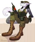  absurd_res anthro big_breasts breasts clothed clothing davian_tul female fur hair hi_res looking_at_viewer military sergal sevk simple_background smile solo uniform weapon white_body white_fur 
