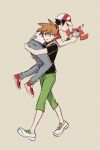  2boys black_hair black_shirt blue_oak brown_hair capri_pants carrying english_commentary green_pants grey_pants hat highres holding male_focus multiple_boys musical_note pants parted_lips pokemon pokemon_(game) pokemon_sm red_(pokemon) rotom rotom_dex shirt shoes short_hair short_sleeves sneakers spiked_hair standing submashell sweatdrop white_footwear 