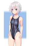  1girl absurdres ahoge black_one-piece_swimsuit blue_background breasts commentary_request competition_swimsuit cowboy_shot grey_hair hair_between_eyes highres itomi_sayaka one-piece_swimsuit purple_eyes short_hair small_breasts solo standing swimsuit takafumi toji_no_miko two-tone_background two-tone_swimsuit variant_set yagasuri 