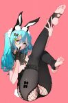  1girl absurdres animal_ears aqua_hair ass biting black_bow black_gloves black_panties blue_eyes bow breasts clothing_cutout fake_animal_ears feet forehead full_body glasses glove_biting gloves grandia_lee hair_bow heart_cutout highres legs long_hair nail_polish no_shoes original panties pink_background rabbit_ears rabbit_tail simple_background soles solo stirrup_legwear tail toeless_legwear toenail_polish toenails toes underwear very_long_hair yellow_nails 