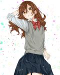  1girl absurdres black_skirt bow bowtie brown_hair commentary confetti cowboy_shot english_commentary grey_sweater_vest hair_between_eyes highres hori-san_to_miyamura-kun hori_kyouko long_hair long_sleeves looking_at_viewer nh16 open_collar open_mouth orange_eyes red_bow red_bowtie school_uniform skirt solo sweater_vest white_background 