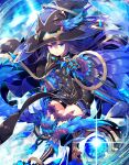  1girl bird_legs blue_eyes book breasts feather_trim feathers gauntlets hat heterochromia highres ichiyan long_hair looking_at_viewer monster_girl original purple_eyes purple_hair small_breasts solo witch_hat 