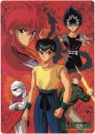  1990s_(style) 1girl 4boys bandaged_hand bandages black_eyes black_hair black_shirt brown_eyes card_(medium) character_name clenched_hands copyright_name crossed_arms energy_sword genkai green_eyes hiei_(yu_yu_hakusho) highres kurama_(yu_yu_hakusho) kuwabara_kazuma long_hair multiple_boys non-web_source official_art outstretched_arm pompadour red_eyes red_hair retro_artstyle scan shirt short_hair special_moves sword third_eye urameshi_yusuke weapon wristband yellow_shirt yu_yu_hakusho 