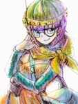  1girl absurdres bag blue_eyes chrono_trigger glasses helmet highres looking_at_viewer lucca_ashtear miyama_(lacrima01) purple_hair scarf short_hair shoulder_bag simple_background smile solo white_background 