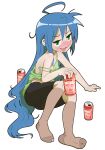  1girl absurdres ahoge alcohol alpha_transparency areola_slip beer beer_can bike_shorts blue_hair breasts brown_socks camisole can commentary death_by_lolis drunk english_commentary green_camisole green_eyes highres izumi_konata kneehighs long_hair lucky_star meme messy_hair sitting small_breasts socks solo strap_slip tongue tongue_out transparent_background uohhhhhhhhh!_(meme) very_long_hair yokozuwari 