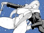  1girl abs absurdres bb_(baalbuddy) blue_background breasts coat fullmetal_alchemist fur-trimmed_coat fur_trim gloves greyscale hair_over_one_eye hand_on_own_hip highres holding holding_sword holding_weapon large_breasts lips long_hair monochrome navel olivier_mira_armstrong open_clothes open_coat simple_background slingshot_swimsuit solo stomach sweat swimsuit sword thighs weapon 