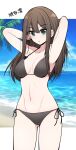  1girl arms_up beach bikini black_bikini blush breasts breasts_apart brown_hair character_name collarbone commentary_request groin idolmaster idolmaster_cinderella_girls letterboxed linea_alba long_hair looking_at_viewer medium_breasts navel serebi_ryousangata shibuya_rin side-tie_bikini_bottom sidelocks solo straight_hair swimsuit very_long_hair 