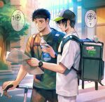  2boys backpack bag black_hair black_pants bottle building city compass_rose dokuga dorohedoro eye_tattoo food_delivery_box green_headwear green_shirt highres holding holding_bottle holding_map male_focus map multiple_boys panco pants shirt short_sleeves sweatdrop tetsujo tree uber_eats upper_body water_bottle white_pants white_shirt 