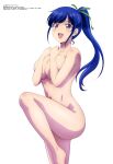  1girl absurdres barefoot blue_hair breast_hold breasts covering covering_breasts hair_ribbon highres knee_up large_breasts legs long_hair megami_magazine megami_no_kafeterasu navel nude official_art ponytail ribbon smile solo thighs tsuruga_ami white_background 