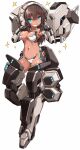  1girl alice_gear_aegis blue_eyes breasts brown_hair full_body grin highres index_fingers_raised kaneshiya_sitara karukan_(monjya) large_breasts light_blush mecha_musume navel pointing pointing_at_self simple_background smile solo tan white_background 