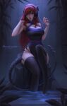  1girl absurdres au_ra bare_shoulders black_hairband black_thighhighs blue_eyes blurry blurry_foreground breasts cleavage dragon_horns dragon_tail facing_viewer final_fantasy final_fantasy_xiv hairband highres horns kayav large_breasts long_hair looking_to_the_side pelvic_curtain red_hair red_lips scales sitting solo tail thighhighs warrior_of_light_(ff14) water web_address 
