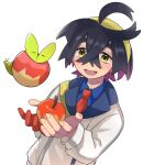  1boy :d ahoge apple applin aritsune01 black_hair blue_shirt blush collared_shirt colored_inner_hair commentary crossed_bangs cupping_hands food fruit gloves hair_between_eyes hairband hands_up holding holding_food holding_fruit jacket kieran_(pokemon) male_focus mole mole_on_neck multicolored_hair necktie open_mouth own_hands_together partially_fingerless_gloves pokemon pokemon_(creature) pokemon_(game) pokemon_sv red_necktie shirt single_glove smile symbol-only_commentary tongue white_background white_jacket yellow_eyes yellow_hairband 