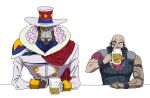  2boys alcohol armor asymmetrical_clothes beard beer beer_mug clenched_hand cowboy_bebop creator_connection crossover crying cup dr._gel drinking facial_hair hat jet_black jinou_rakugaki looking_at_another male_focus mug multiple_boys purple_hair scar shoulder_armor simple_background top_hat upper_body white_background 
