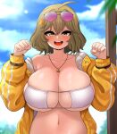  1girl absurdres ahoge anis_(nikke) anis_(sparkling_summer)_(nikke) bikini blue_sky breasts brown_hair cleavage clenched_hand cloud cloudy_sky collarbone day goddess_of_victory:_nikke hair_between_eyes highres jacket jewelry large_breasts looking_at_viewer medium_hair navel necklace open_clothes open_jacket open_mouth outdoors sky smile solo sunglasses swimsuit teeth the_only_shoe tongue upper_body upper_teeth_only white_bikini 