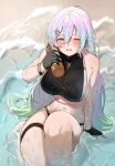  bare_shoulders beach bikini black_bikini_bottom breasts cupitan_(granblue_fantasy) cupitan_(summer)_(granblue_fantasy) curvy gloves granblue_fantasy highres large_breasts long_hair looking_at_viewer one_eye_closed see-through sexually_suggestive sideboob sitting stomach swimsuit thick_thighs thigh_strap thighs thousa_01 twintails wet white_hair 