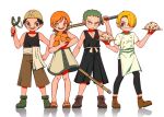  1girl 3boys aged_down bandana black_eyes black_hair blonde_hair bokken chef child closed_mouth commentary curly_eyebrows dual_wielding food fruit full_body green_hair hair_over_one_eye highres holding holding_food holding_fruit holding_weapon male_focus mandarin_orange multiple_boys mygiorni nami_(one_piece) one_eye_covered one_piece open_mouth orange_eyes orange_hair plate roronoa_zoro sanji_(one_piece) short_hair simple_background smile standing sword teeth uniform usopp weapon white_background wooden_sword 