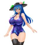  1girl alternate_breast_size bare_shoulders black_headwear black_thighhighs blue_hair blue_one-piece_swimsuit blush breasts cameltoe cleavage closed_mouth covered_navel cowboy_shot fruit_hat_ornament hat hinanawi_tenshi honda_takaharu huge_breasts long_hair looking_at_viewer one-piece_swimsuit outstretched_arms peach_hat_ornament red_eyes school_swimsuit sidelocks smile solo swimsuit thigh_gap thighhighs touhou transparent_background 