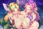  2girls after_paizuri after_sex angela_(seiken_densetsu_3) blonde_hair blue_eyes blush breasts bukkake cum cum_on_body cum_on_breasts cum_on_hair facial gigantic_breasts green_eyes highres huge_breasts huge_nipples large_areolae large_breasts long_hair multiple_girls nipples non-web_source pink_hair pointy_ears princess riesz seiken_densetsu seiken_densetsu_3 thick_thighs thighs very_long_hair wide_hips 