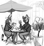  african_wild_dog anthro big_ears black_and_white cafe canid canine clothed clothing digital_media_(artwork) duo felid feline female fur hi_res likaoni.jpg lilek male mammal monochrome pistacja serval sketch smile smoking spots spotted_body tail 