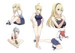  4girls barefoot bertille_althusser black_footwear black_socks blue_eyes blue_one-piece_swimsuit breasts brown_shorts cakuiti celia_kumani_entory character_request cleavage drill_hair grey_hair grey_skirt hair_bun hands_on_own_hips highres large_breasts midriff multiple_girls multiple_views one-piece_swimsuit ponytail red_hair school_uniform shirt short_sleeves shorts sidelocks sitting skirt socks standing swimsuit walkure_romanze white_background white_shirt yellow_eyes 