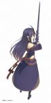  1girl absurdres ahoge artist_name bare_shoulders dated fingerless_gloves full_body gloves hairband highres holding holding_sword holding_weapon leotard long_hair looking_at_viewer looking_to_the_side nonitate pointy_ears purple_gloves purple_hair red_eyes red_hairband solo sword sword_art_online weapon white_background yuuki_(sao) 