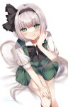  1girl black_hairband black_ribbon blush closed_mouth collared_shirt fingernails green_eyes green_nails green_skirt green_vest grey_hair hair_ribbon hairband highres hitodama konpaku_youmu konpaku_youmu_(ghost) looking_at_viewer nail_polish ribbon shiromoru_(yozakura_rety) shirt short_hair short_sleeves signature simple_background skirt smile solo touhou vest white_background white_shirt 