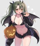  1girl alternate_costume bikini black_bikini black_coat black_shorts breasts coat curled_fingers demon_tail green_eyes green_nails grey_background highres jack-o&#039;-lantern kantai_collection long_hair nail_polish natsume_(natsume_melio) short_shorts shorts small_breasts solo starry_background swimsuit tail twintails zuikaku_(kancolle) 