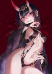  1girl absurdres bare_shoulders blush bob_cut breasts commission e_ixion eyeliner fate/grand_order fate_(series) headpiece highres horns japanese_clothes kimono looking_at_viewer makeup navel oni oni_horns pixiv_commission purple_kimono revealing_clothes short_eyebrows short_hair shuten_douji_(fate) skin-covered_horns smile solo thighs 