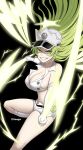  1girl absurdres artist_name black_background bleach bleach:_the_thousand-year_blood_war breasts candice_catnipp cleavage commentary elbow_gloves electricity english_text fighting_stance floating_hair gloves green_eyes green_hair grin hair_between_eyes halo hat highres large_breasts lazier lightning long_hair looking_at_viewer micro_shorts military_hat mixed-language_commentary shaded_face shorts sidelocks simple_background smile solo standing standing_on_one_leg sternritter stomach thighs v-shaped_eyebrows wandenreich_uniform white_gloves white_headwear white_shorts yellow_halo 