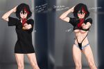  ... 1girl abs ass_visible_through_thighs black_hair blue_eyes blush breasts commentary english_commentary english_text feet_out_of_frame hair_between_eyes highres holding holding_phone hong_doo kill_la_kill living_clothes looking_at_viewer matoi_ryuuko navel open_mouth panties phone red_hair selfie shirt short_hair short_sleeves striped striped_panties underboob underwear 