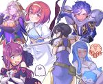  1boy 6+girls animal blue_hair breasts character_request chibi chibi_inset cleavage elbow_gloves finn_(fire_emblem) fire_emblem fire_emblem:_genealogy_of_the_holy_war fire_emblem:_thracia_776 fire_emblem_engage gloves hairband highres holding holding_sword holding_weapon ivy_(fire_emblem) larcei_(fire_emblem) long_hair looking_at_viewer lumera_(fire_emblem) maria_(fire_emblem) multiple_girls purple_eyes purple_hair red_eyes red_hair shaded_face sher_(imnotsher) sword weapon white_gloves 