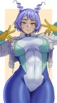  1girl artist_name blue_eyes blue_hair blush bodysuit boku_no_hero_academia breasts closed_mouth cowboy_shot gloves gud0c hadou_nejire half-closed_eyes highres jacket large_breasts light_smile looking_at_viewer multicolored_bodysuit multicolored_clothes solo standing yellow_gloves 