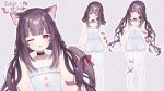  1girl ;p animal_ear_fluff animal_ears arm_ribbon bare_shoulders black_bow black_choker blush bow cat_ears cat_tail character_name choker collarbone fallenshadow frills full_body hair_bow hair_ornament highres indie_virtual_youtuber leg_ribbon long_hair no_shoes official_art one_eye_closed open_mouth pajamas pantyhose pink_eyes purple_bow purple_hair ribbon rukako second-party_source sleepwear tail tail_bow tail_ornament tongue tongue_out twintails white_pajamas white_pantyhose x_hair_ornament 
