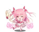  1girl ;d @_@ animal_ears apron bear_ears bettle_(b_s_a_n) bow chibi dress frilled_dress frills hair_between_eyes himekuma_ribon maid_apron monster_company official_art one_eye_closed pink_bow pink_dress pink_footwear pink_hair red_eyes smile striped striped_thighhighs stuffed_animal stuffed_toy teddy_bear thighhighs two_side_up white_background 