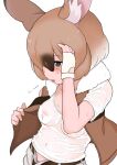  1girl animal_ear_fluff animal_ears belt black_eyes breasts brown_hair brown_vest collarbone covered_nipples fingerless_gloves fur-trimmed_vest fur_trim gambian_rat_(kemono_friends) gloves gradient_hair grey_hair hair_over_one_eye hand_up highres hot kemono_friends medium_breasts medium_hair mouse_ears multicolored_hair navel nipples no_bra ollie_(ollie_stratos) open_belt open_clothes open_fly open_vest panties panty_peek parted_lips pink_panties see-through shirt short_sleeves simple_background solo stomach sweat underwear upper_body vest wet wet_clothes wet_shirt white_background white_gloves white_shirt 