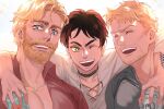  3boys :d arm_on_shoulder bara beard blonde_hair boy_sandwich brothers eren_yeager facial_hair glasses goatee_stubble green_eyes happy male_focus mature_male multiple_boys one_eye_closed pectoral_cleavage pectorals reiner_braun sandwiched shiba44469 shingeki_no_kyojin shirt short_hair siblings smile t-shirt thick_eyebrows upper_body zeke_yeager 
